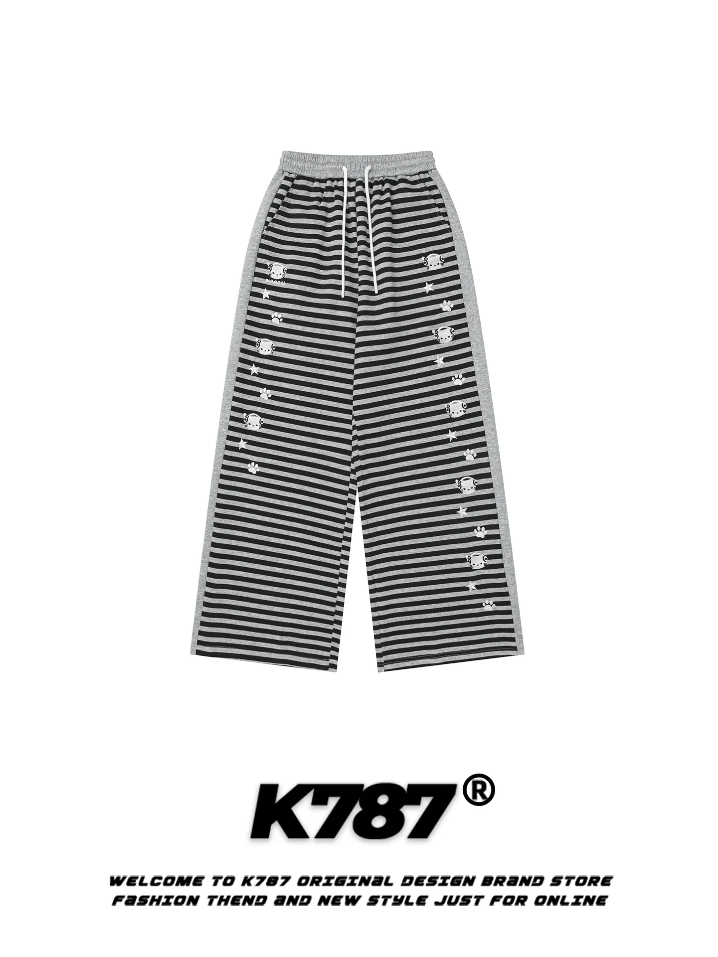 

K787 American Retro Cartoon Kit Embroidered Striped Loose Casual Sports Straight Leg Wide Leg Pants Women's Leisure Trousers