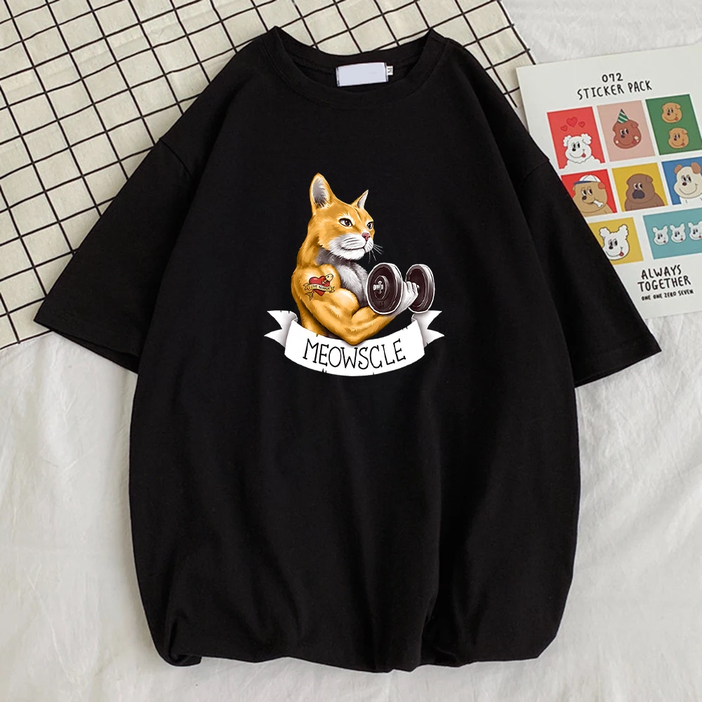 Meowscle The Cat Has Been Lifting Dumbbells Prints Male Tshirts Street Vintage Tshirt Sport Oversized T Shirt Style Slim Men Top