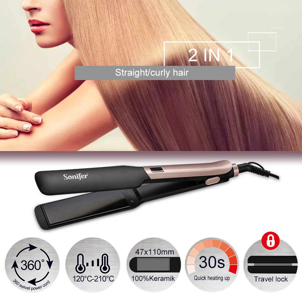 Hair Straightener Sonifer SF-9575 75W Wide Plate Ceramic Flat Iron LED Display 4 Temperature 120-210 Fast Heating for Home