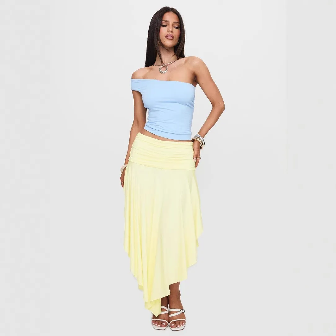 Fashionable Pleated High Waist Sexy Design Asymmetrical Slit Color Skirt Women's Summer Long Skirts Cross-Border New