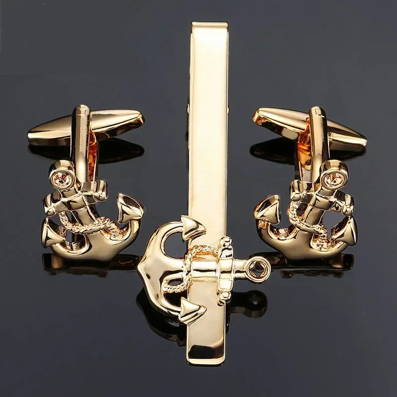 French Cufflinks Sets High-quality Copper Material Fashion Men\'s Business Jewelry Gifts Golden Anchor Cuff Links Tie Clip Set