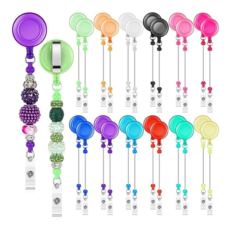 24 Pcs Beadable Badge Reel Retractable Clips Holder For Beads Bulk Blank Bar ID Name For Nurse Teacher Office Supplies