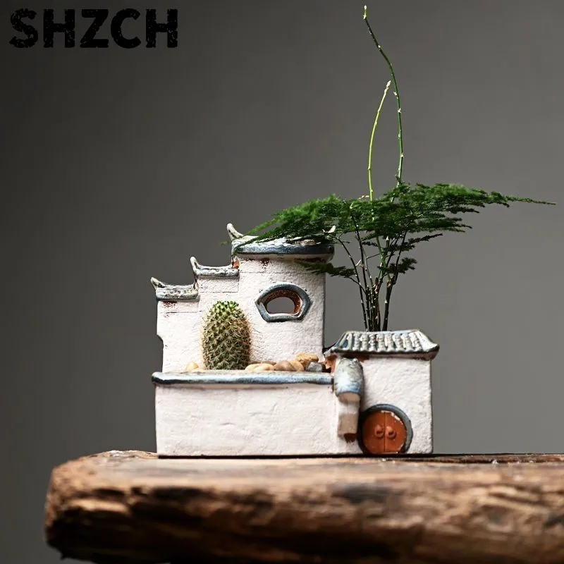 Wenzhu Succulent Flowerpot Ceramic Zen Huizhou Style House Micro Landscape Creative Chinese Style Office Plant Flower Pot ZI867