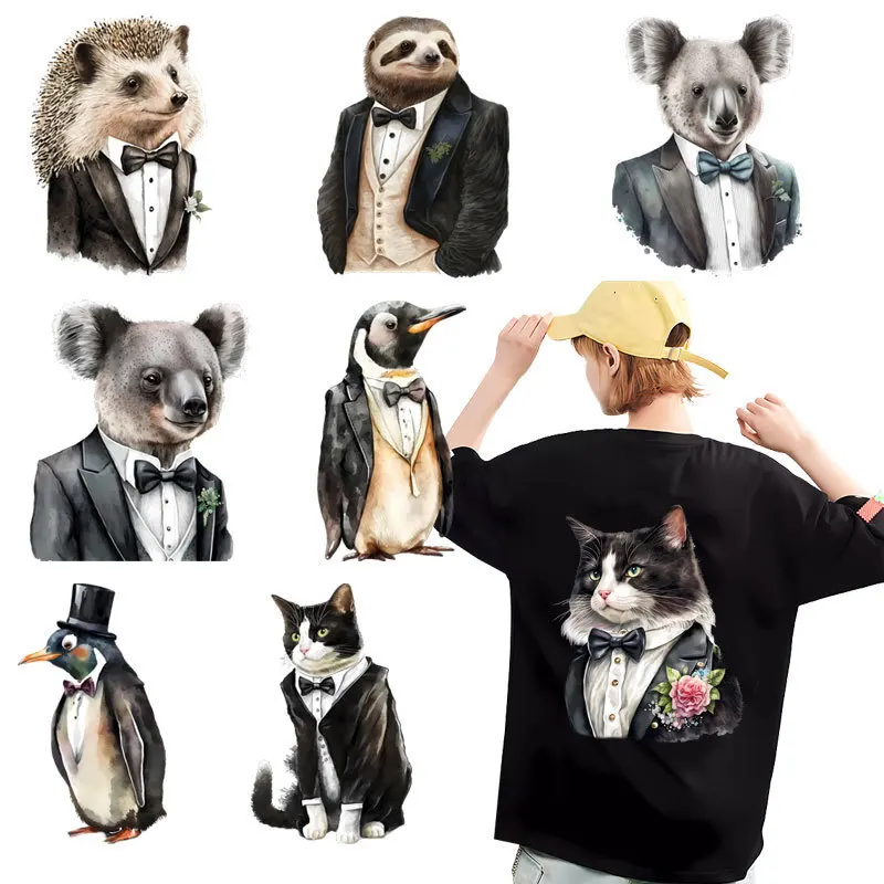 Suit Animal Fox Koala Hedgehog Tiger Cat Mr Heat Transfer Stickers DIY Iron On Transfers For Clothing Washable Stickers