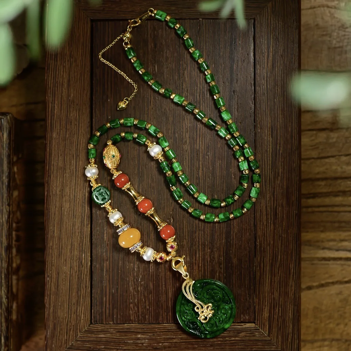Natural Intense Green Jade Necklace Choker, Red Agate Amber Double-Side Carved Pendant, 925 Gold Plated Chinese Jewelry Gift