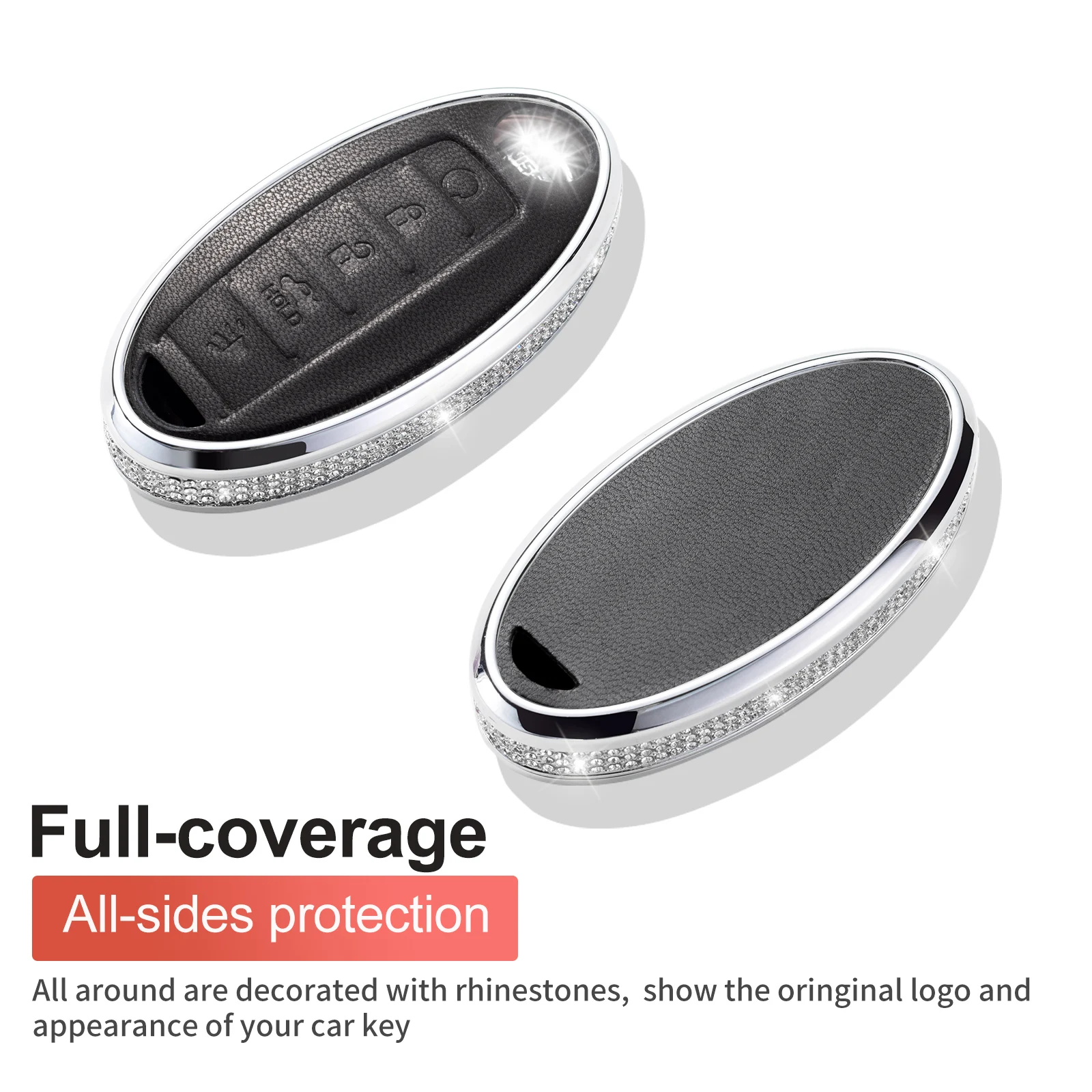 غطاء مفاتيح من الجلد الطبيعي مع سلسلة مفاتيح ، واقي مفاتيح كريستال ، متوافق مع نيسان ألتيما ، ماكسيما ، روغ ، أرمادا