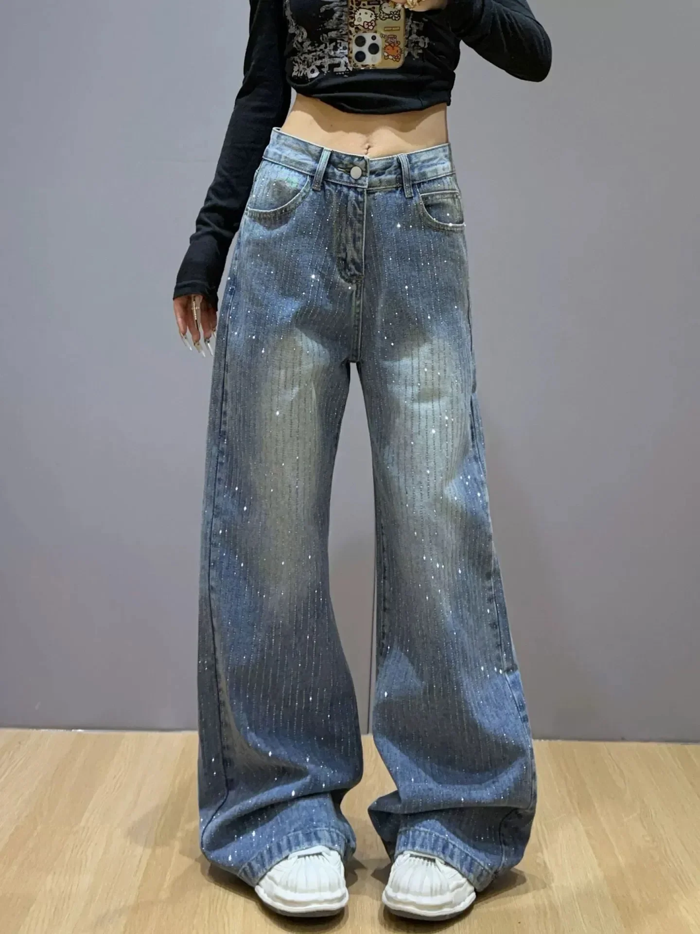 

Women High Waist Loose American Retro Starry Patchwork Sparkling Jeans Spring Fashion Bf Style Lazy Versatile Casual Trousers