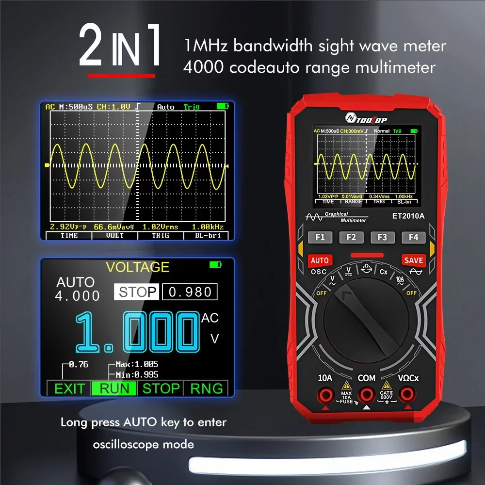 TOOLTOP ET2010A Digital Oscilloscope Multimeter 1Mhz 2.5MSps Color Handheld Oscilloscope AUTO Waveform Electronic DIY Tools