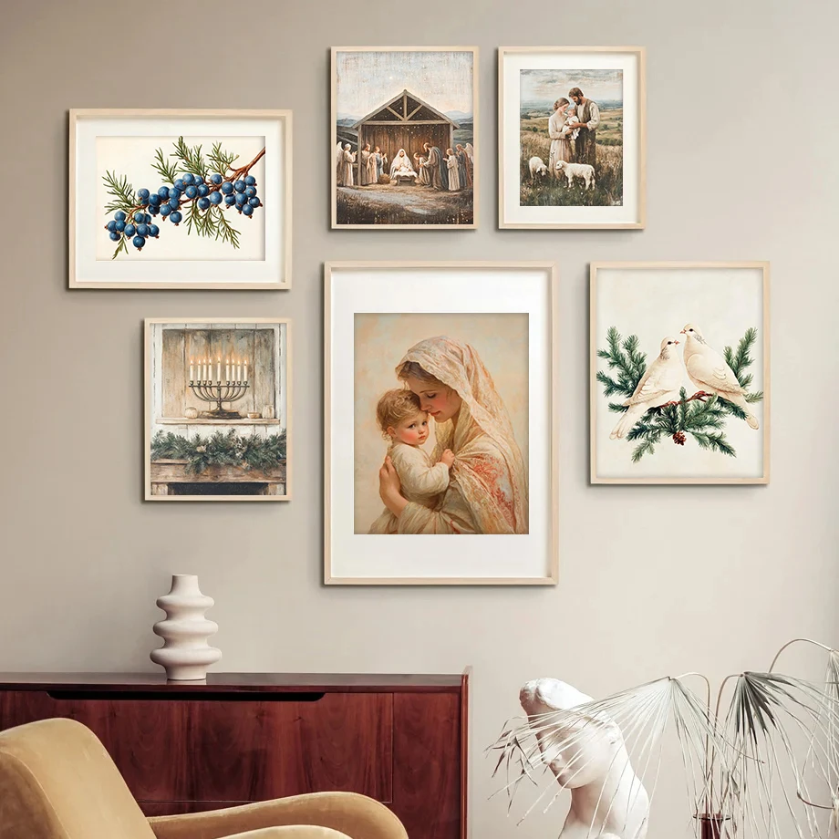 Vintage Christmas Church Christian Nativity Scene Angel Poster and Prints Canvas Printing Wall Art Picture for Living Room Decor