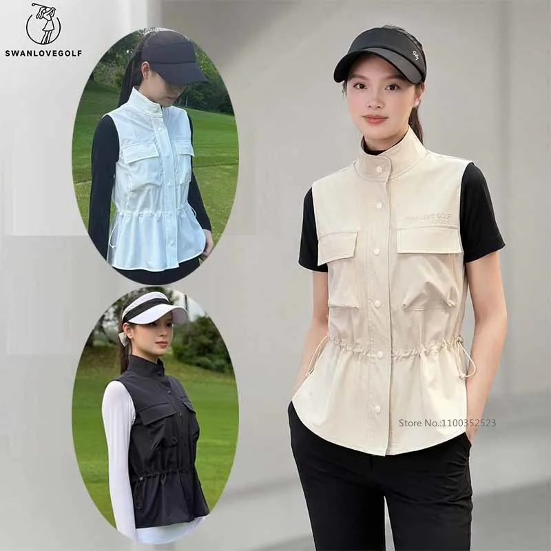 SG Golf Cargo Vest Jackets Women Stand Collar Sleeveless Fit Coats Retro Pockets Single Breasted Outwear Windproof Golf Tops