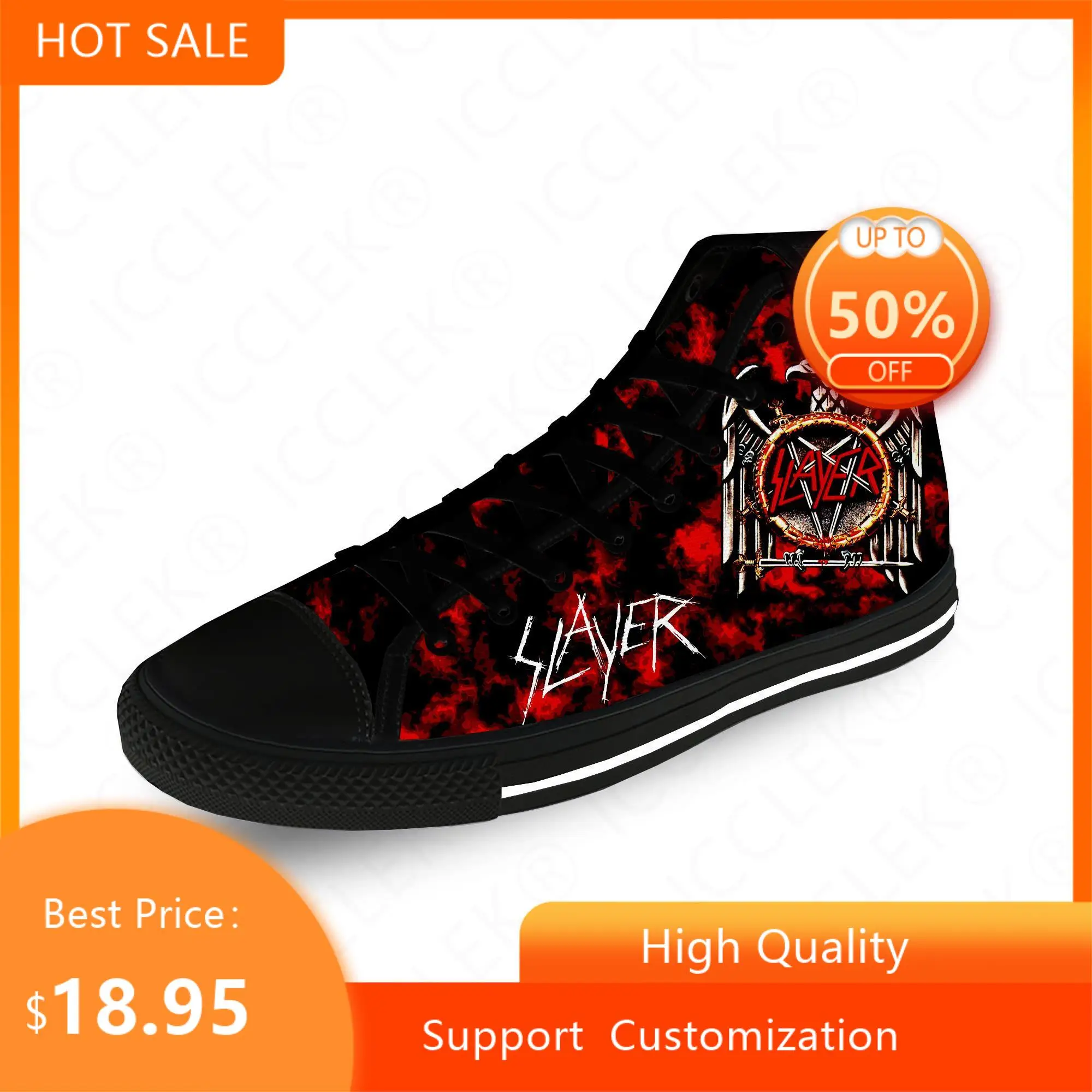 Slayer Heavy Metal Rock Band Horror Scary Casual Cloth 3D Print High Top Canvas Fashion Shoes Men Women  Breathable Sneakers