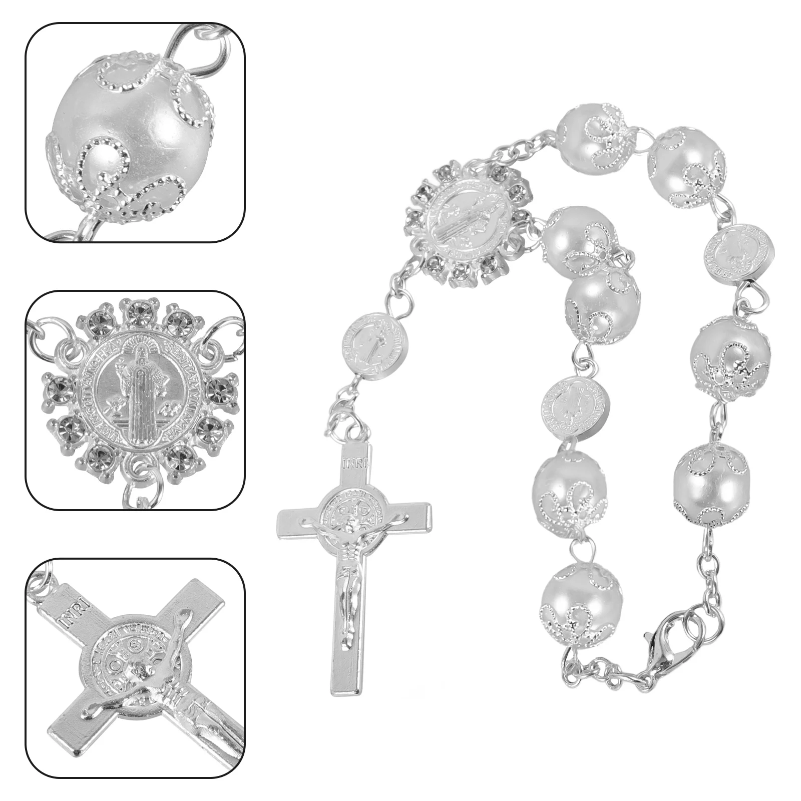 

Car Rosary Bracelet Alloy Rearview Mirror Hanging Accessory Prayer Bead Cross Pendant Car Ornament Interior Decoration