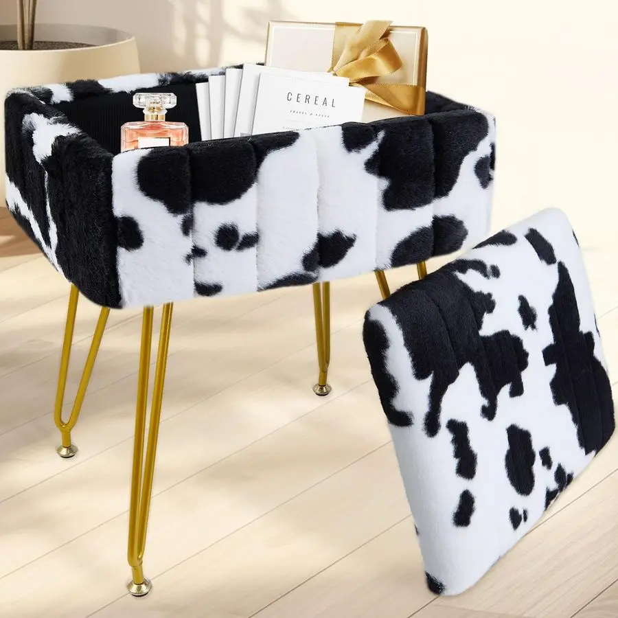 

Stool with Storage, Vanity Chair with Metal Legs, Multifunctional Faux Fur Makeup Stool Footrest for Living Room Bedroom,Cow