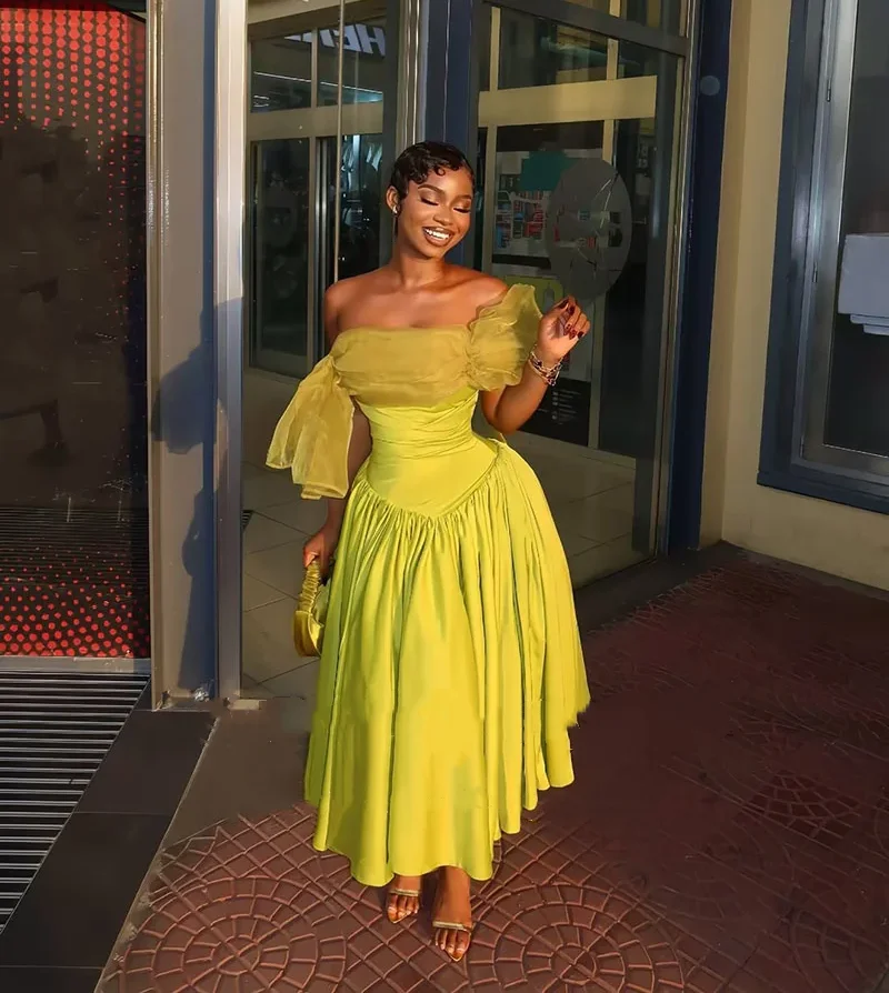 Simple Light Green Ball Dress A-line off shoulder pleated sleeveless party dress ankle satin evening dress customization 3