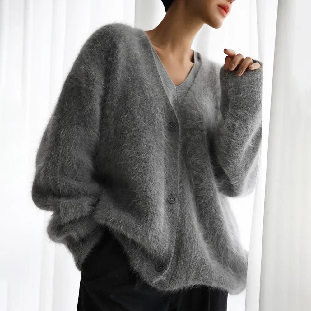 TARUXY Knitted Cardigan Women V Neck Loose Long Sleeve Casual Sweater Female 2024 Autumn Winter New Fashion Cardigans Ladies