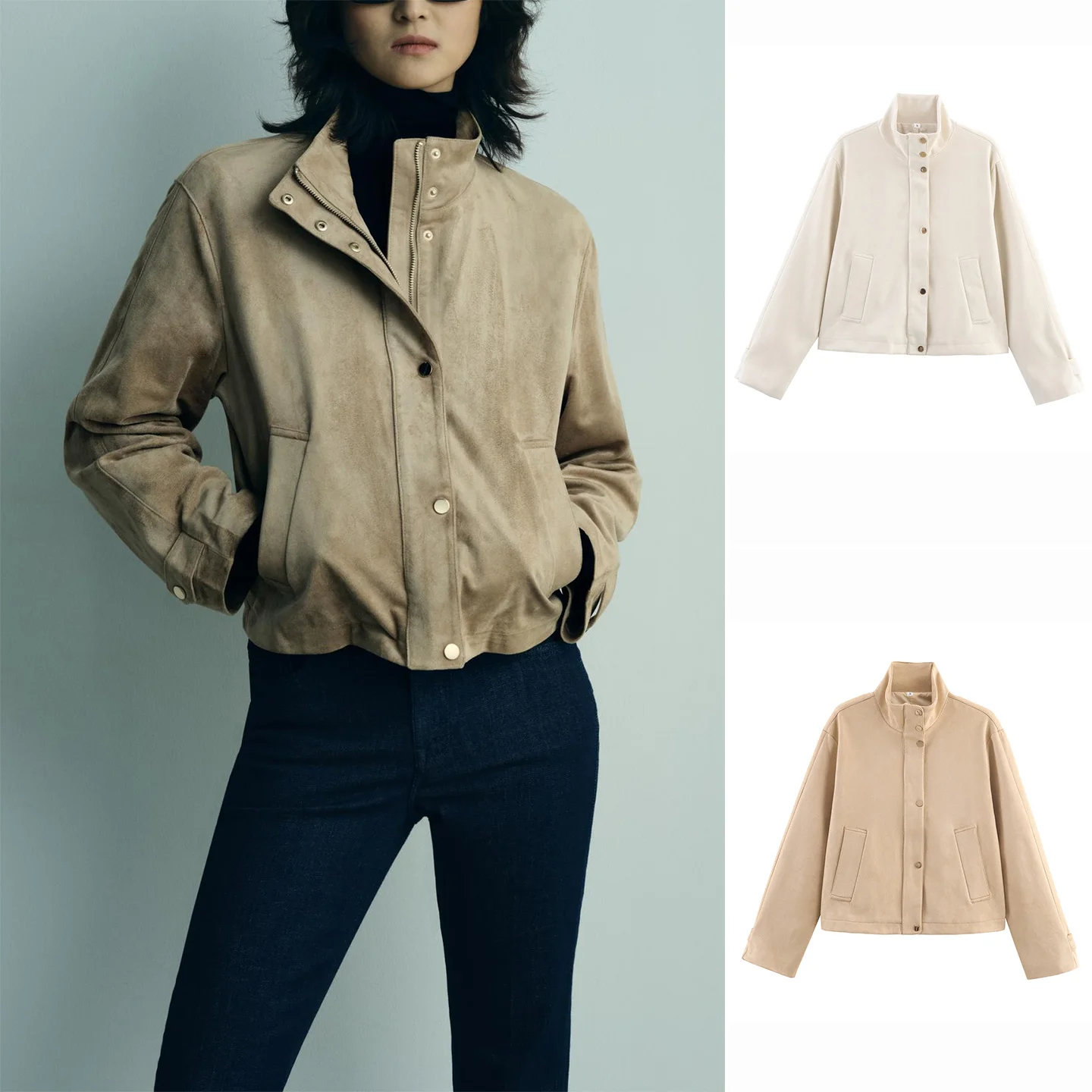 

Faionable корейский женский костюм Jaet на молнии из искусственной замши с воротником-стойкой, верхняя одежда из полиэфирного волокна Long Sve