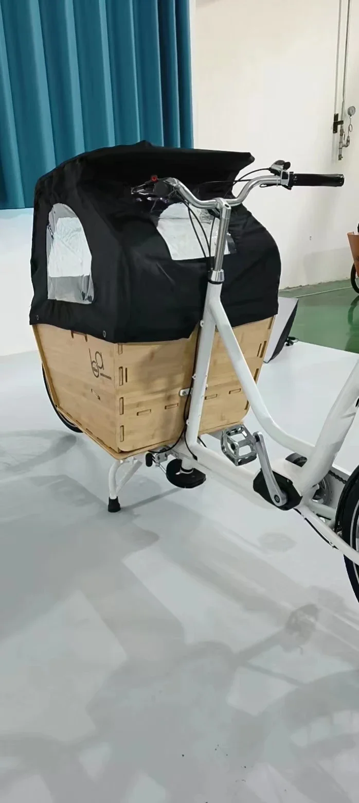 Vélo cargo électrique pour enfants, vélo cargo familial, chargement avant, boîte en bois, long, grand volume, en effet, 20