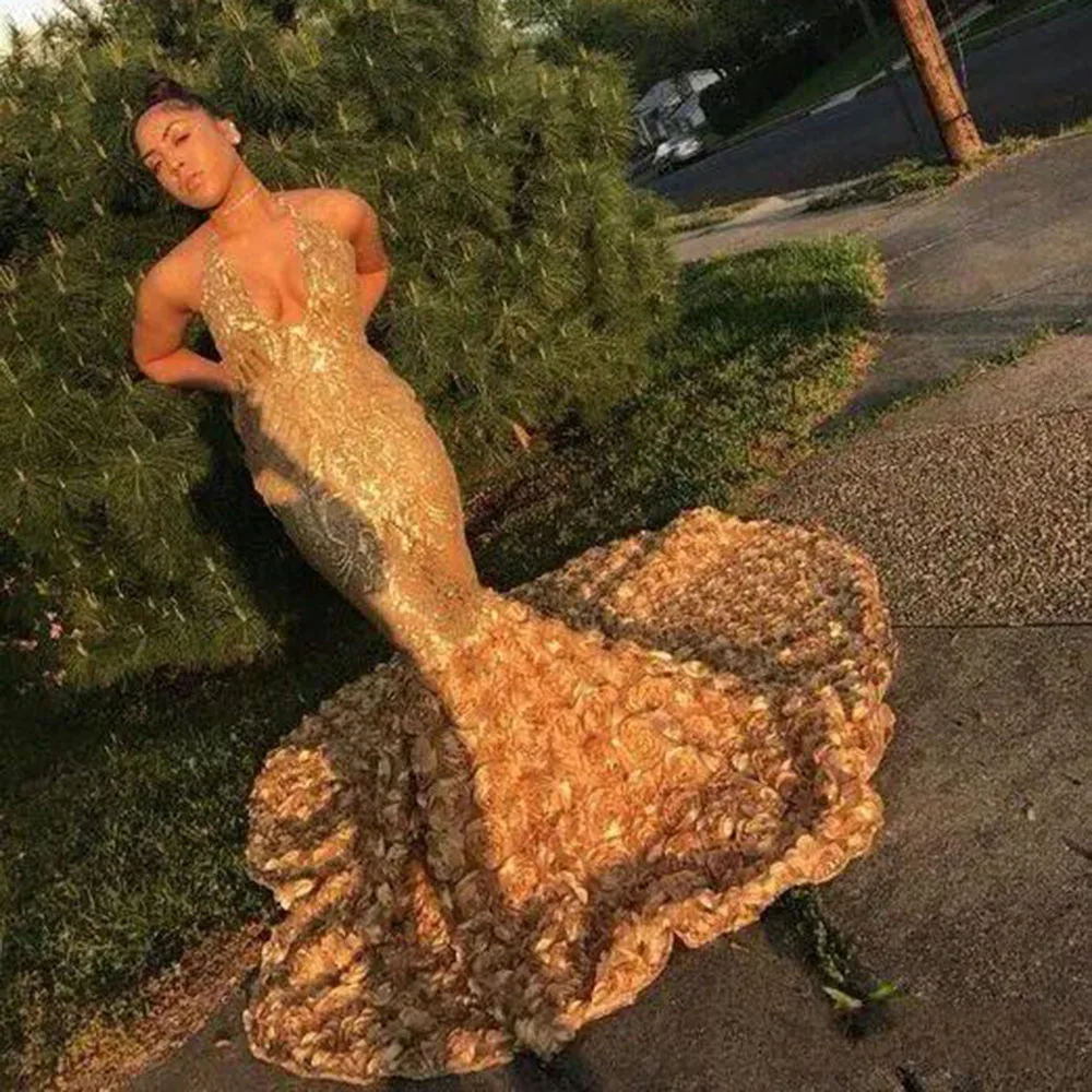 

Золотое сексуальное платье для выпускного вечера с глубоким V-образным вырезом и розовым шлейфом с низкой спинкой Русалка Высококачественные вечерние платья с шлейфом в африканском стиле