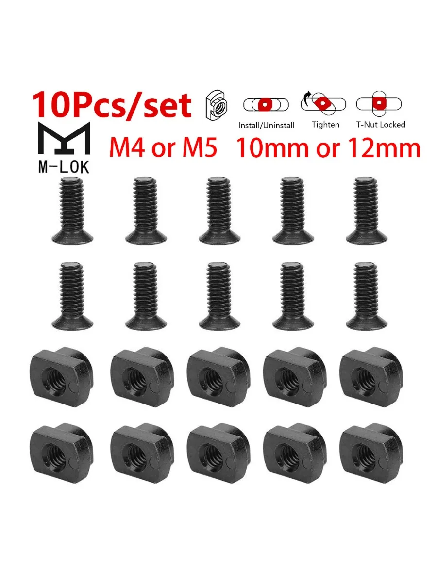 Vis tactiques M-LOK t-écrou M4 M5 10mm 12mm de Long, jeu de vis de Rail de remplacement Picatinny Airsoft pour fusil de chasse, 10 pièces