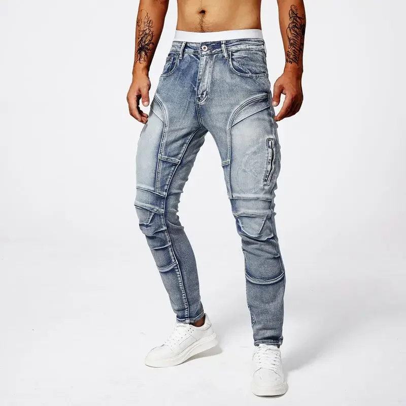 Two tone distressed patchwork jeans for men trendy jeans for summer thin straight leg pants slim fit small leg distressed jeans