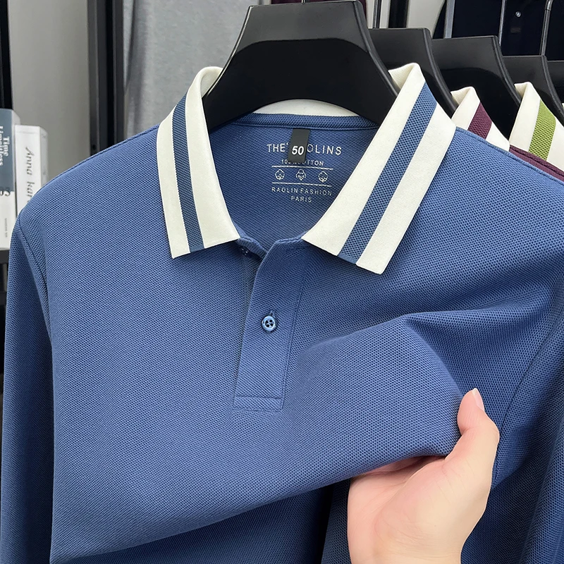 100% Cotton Quality Men's Long Sleeve Polo Shirt Lapel Stripe Collar T-shirt Breathable Autumn Business Casual Menswear Trend