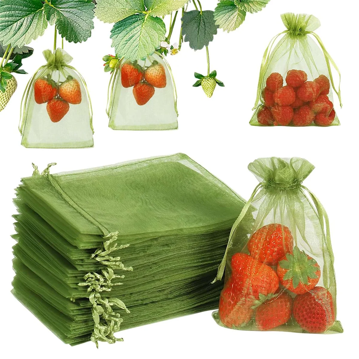 100PCS Fruit Protection Bags, 8x12 Inch Green Fruit Netting Bags Drawstring Mesh Bags Fruit Cover Pest Barrier