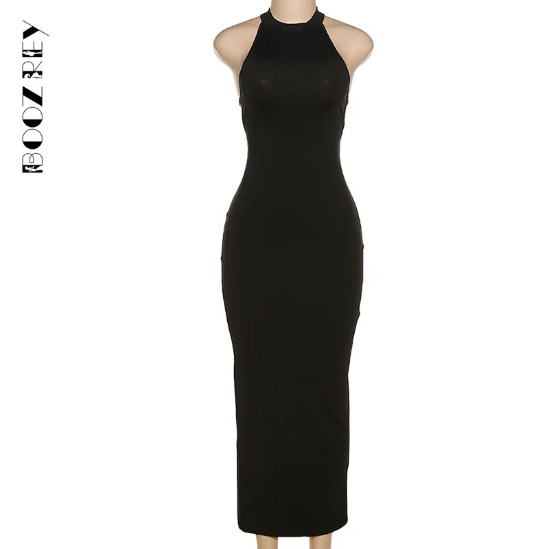BoozRey Fashion Sexy Halter Neck Backless Split Slim Black Women's Dress 2022 Summer Y2k Beach Party Maxi Dresses for Women