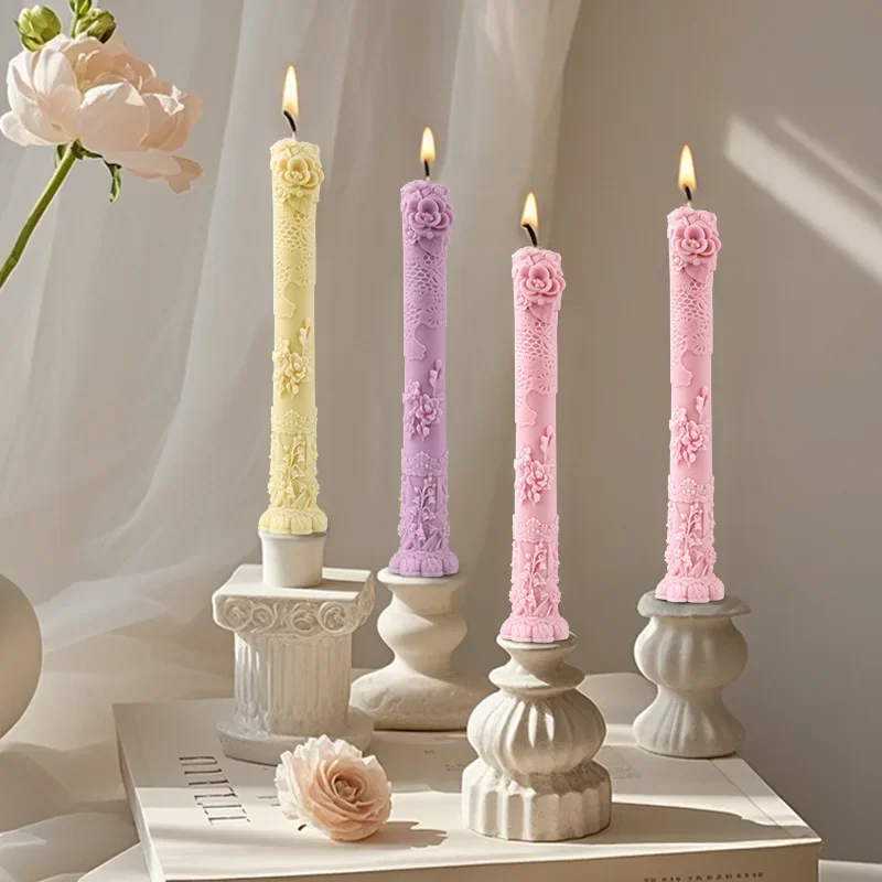 

Relief Rose Flower Silicone Candle Mould Diy Long Pole Lily Retro Carved Silicone Molds Slender Pole Candle Making Supplies