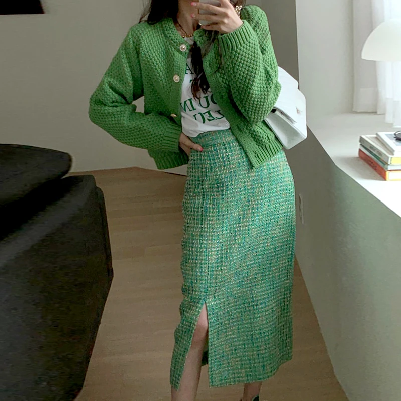 Sweet Loose 2 Piece Set Party Women Clothing Chic Single-breasted Knit Jacket + Tweed Skirt Suit 2023 Winter Autumn X470