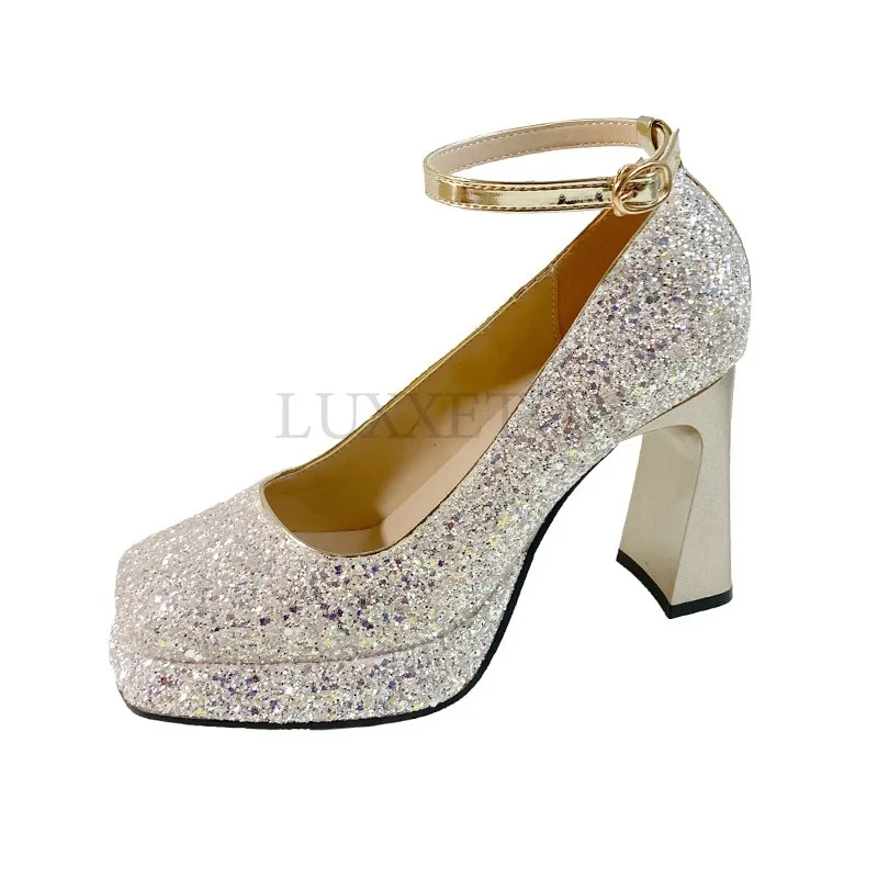 Women Square Toe High Heels Thick Heels Mary Jane Rhinestone Crystal Shoes One Line Buckle Wedding Shoes Cute Kawaii