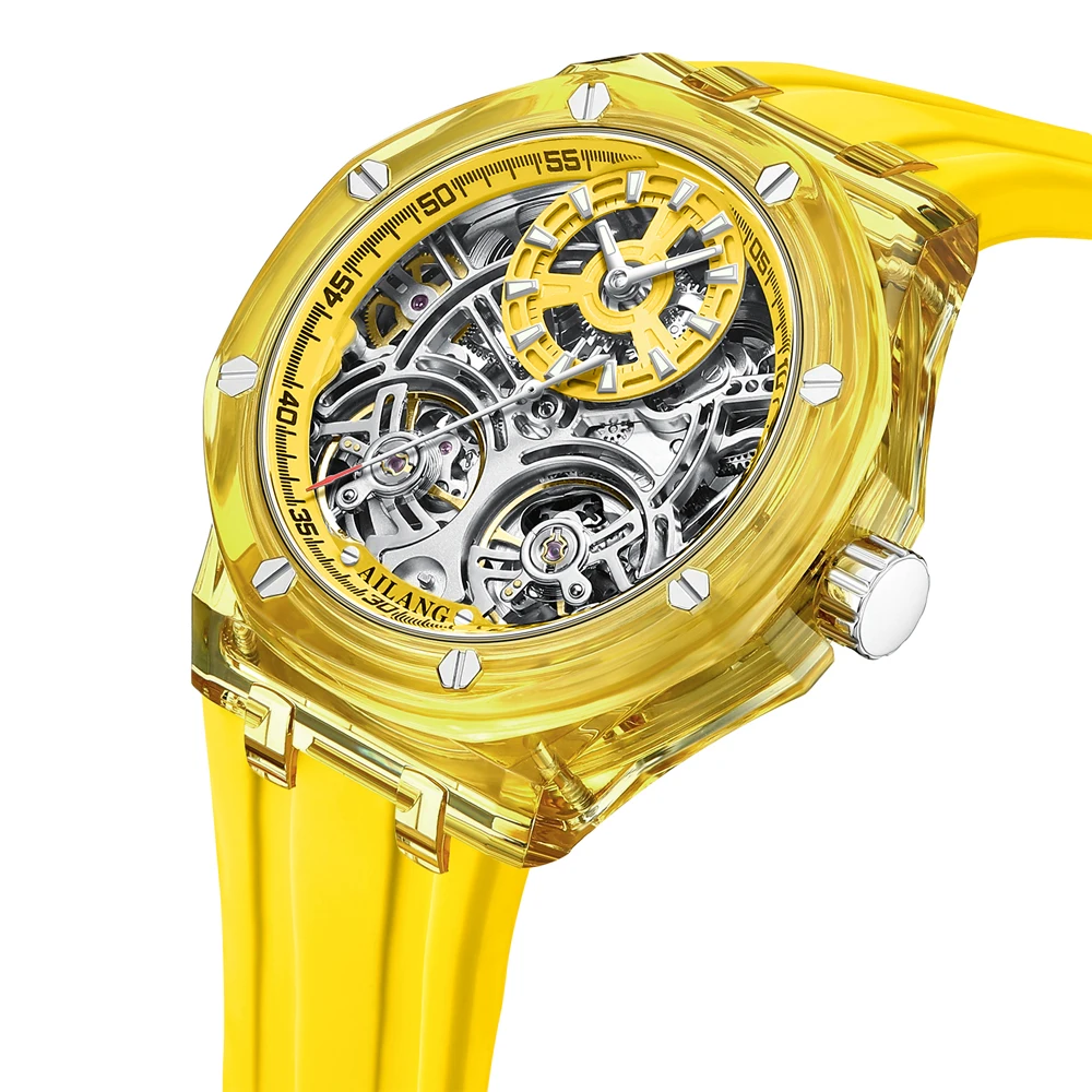 

Double Tourbillon Design Luxury Men's Watch Yellow Transparent Case Rubber Fashion Style Leisure Automatic Mechanical Watch Men