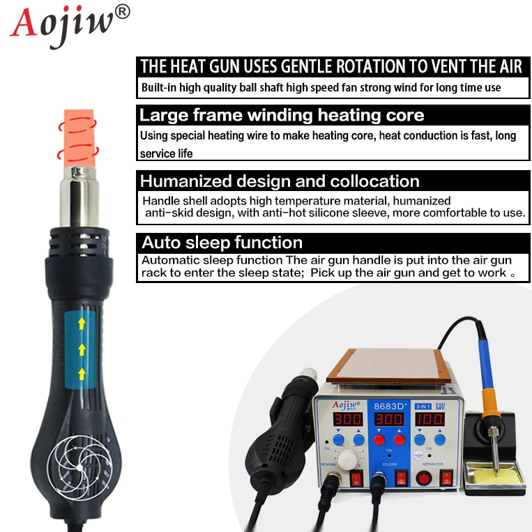 3 in 1 aojiw 8683d+ LCD Digital Hot Air Iron Separator Soldering Station Multi functional mobile phone repair equipment