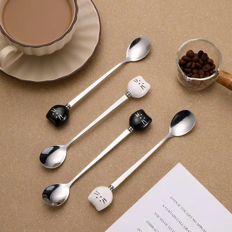 

Cartoon Ceramic Spoon Ceramic Black And White Cat Spoon Ice Cream Spoon Stainless Steel Coffee Spoon