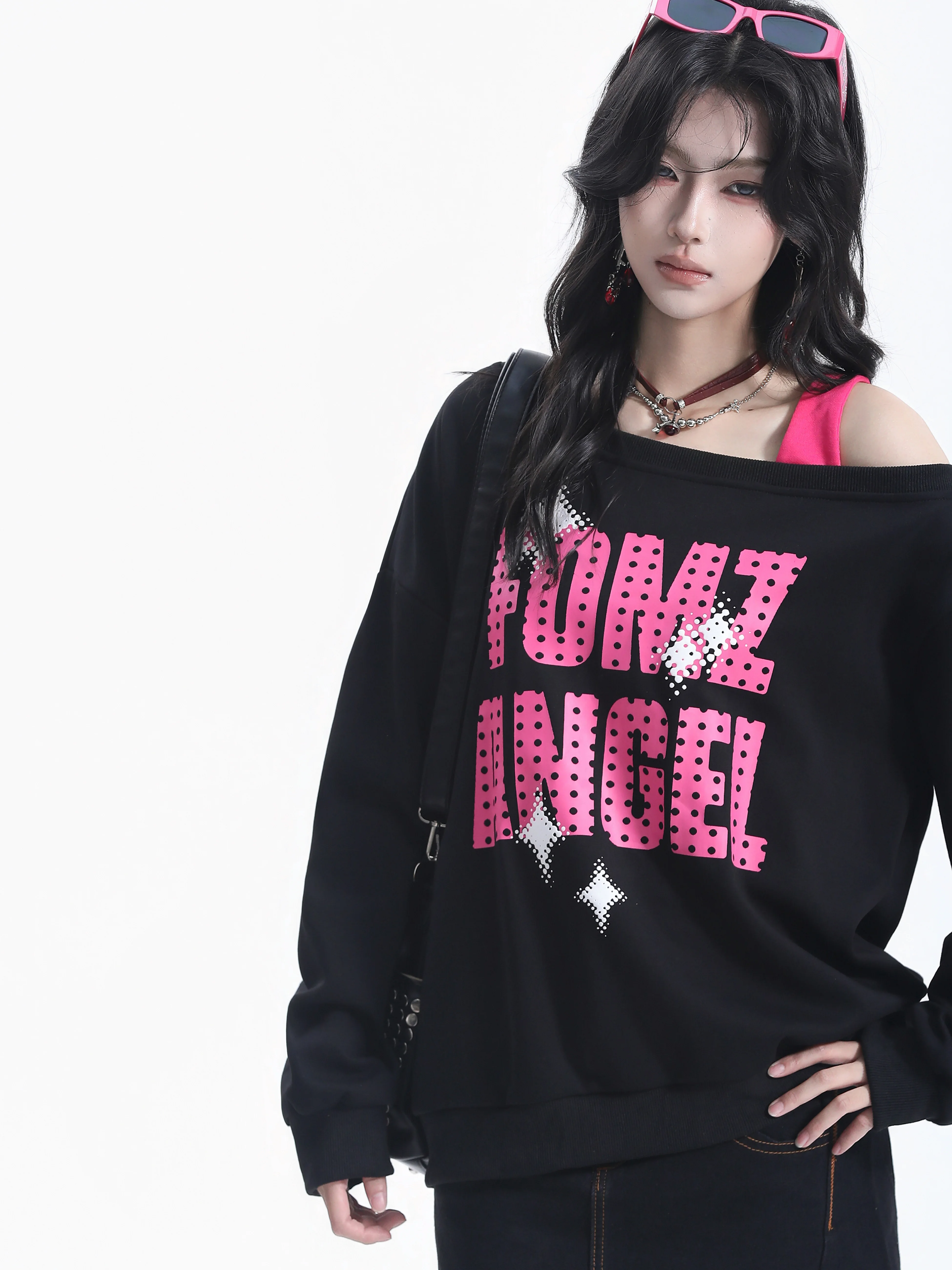 American Style Shoulder Bared Polka Dot Letter Sweatshirt Women's Loose Long Sleeve Streetwear Small Ball Ball Design Sense