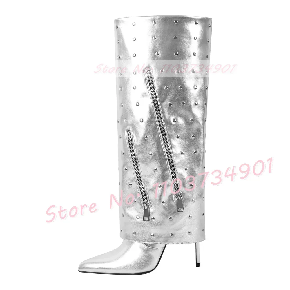 

Серебряные складные ботинки с заклепками, женские туфли выше колена с металлическими украшениями на молнии, женские модные однотонные металлические сапоги