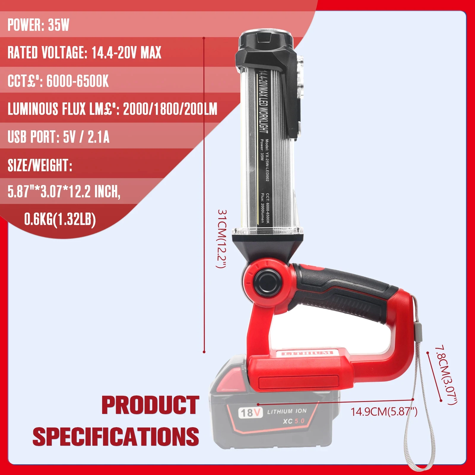 Horizontal Down Lamp for Milwaukee/Dewalt/Makita 18V 2000LM LED Work Tool Light Emergency Lights