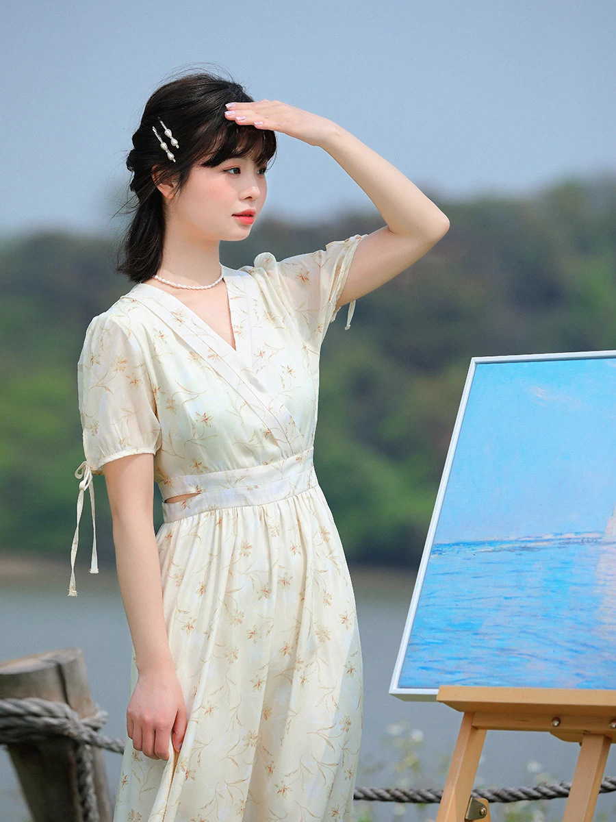 

Летнее женское платье макси с цветочным принтом в стиле ретро, с высокой талией, V-образным вырезом, в стиле «чайной паузы», или юбка А-силуэта