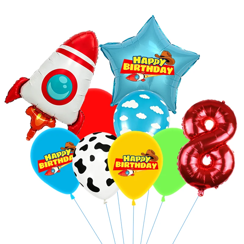 Rote, gelbe und grüne Spielzeugballons, hellblaue Ballons mit Wolken- und Kuhmuster für die Dekorationen zu Babystory- und Cowboy-Partys – Detail 18