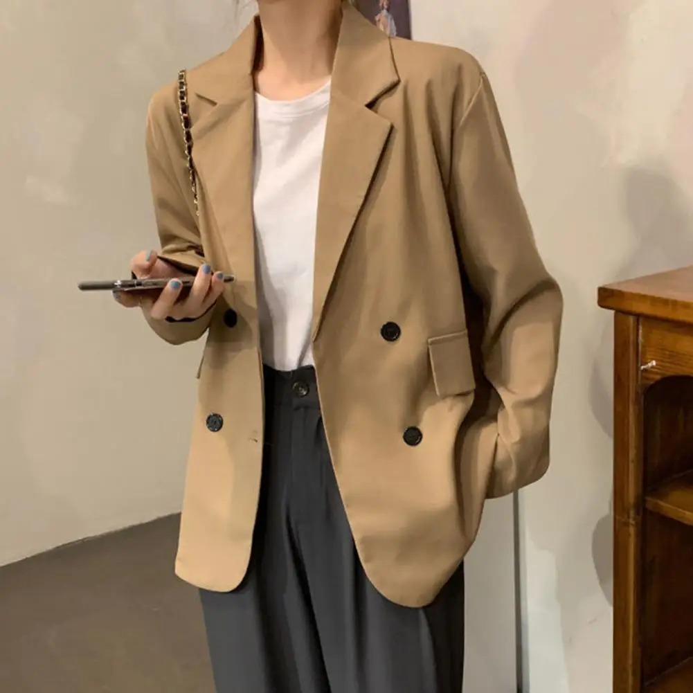 Spring Autumn Fashion Women Blazer Coat Solid Color Double Breasted Lapel Office Lady Loose Flap Pockets Suit Jacket Outerwear