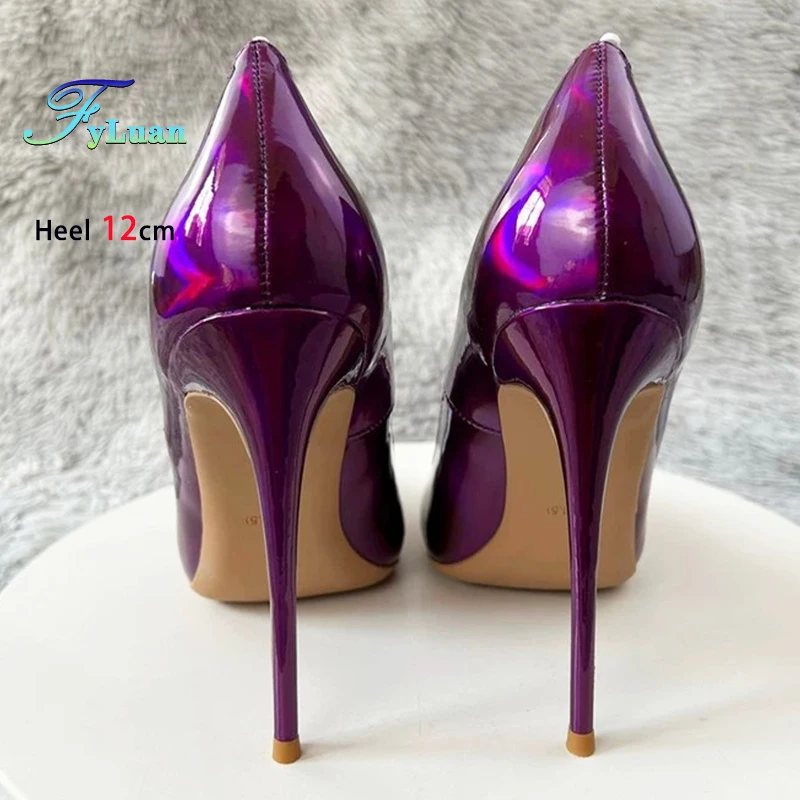 8CM 10CM 12CM Women's Pumps 2025 New Shiny Purple High Heels Female Fashion Pointed Laser Holographic Single Shoes Plus Size 46