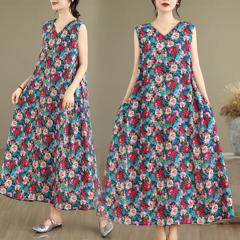 New plus Size Svel V-Ne Gown Vintage Print Silk Cotton Linen Long Dr A-Line Skirt Sle Full Flounce Hem Summer Dr