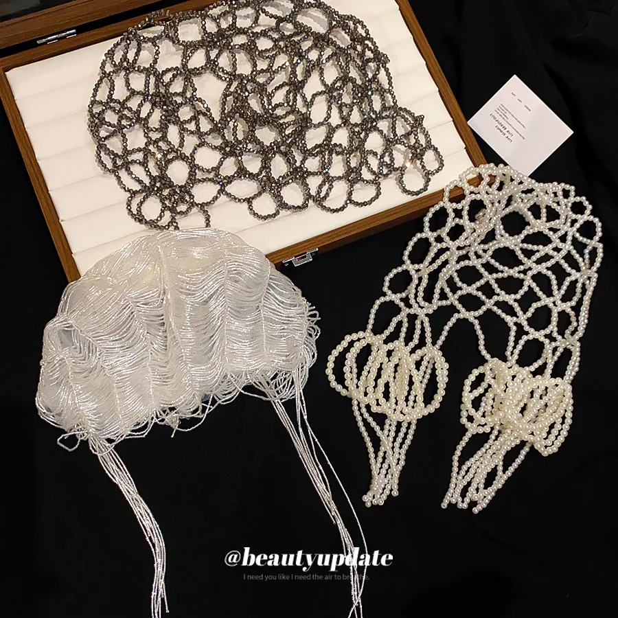 Handmade Beaded Mesh Hair Net Cap Vintage Bridal Pearl Tassel Headpiece Elegant Party Evening Dress Hair Jewelry Accessories
