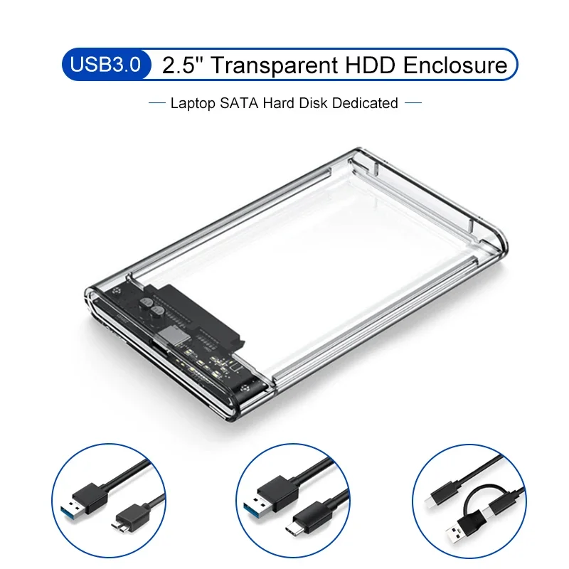 3.0/2.0 HDD Enclosure 2.5inch SATA SSD Hard Drive Case with 5Gbps Transfer Speed and Transparent Design Mobile External Housing