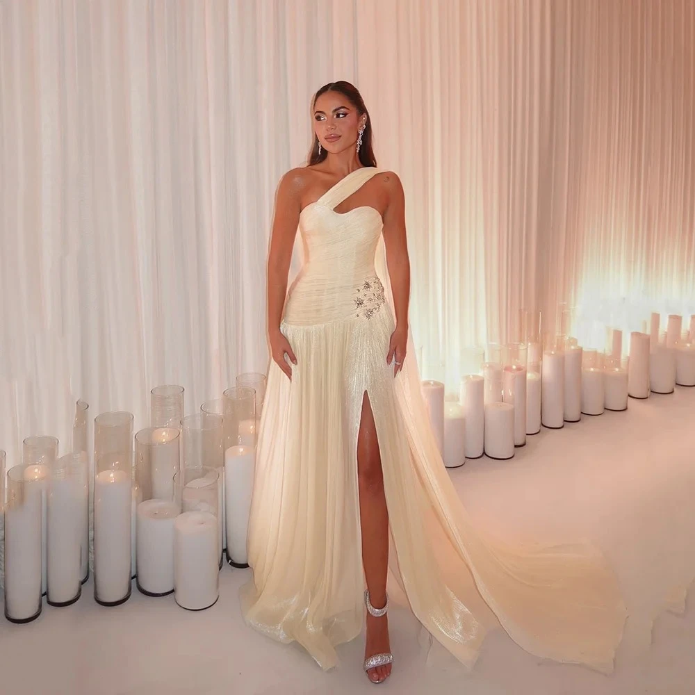 

Elegant Floor Length Prom Dress One Shoulder A Line Side Slit Shiny Prom Gowns Luxury Sequined Party Dress Customized