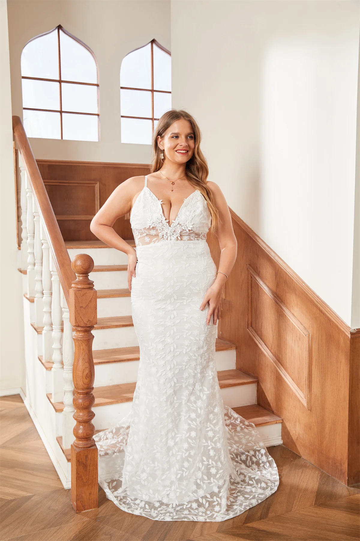 Hermoso vestido de novia de sirena bordado con encaje floral, vestido de novia sexy con cuello en V sin espalda, nuevo