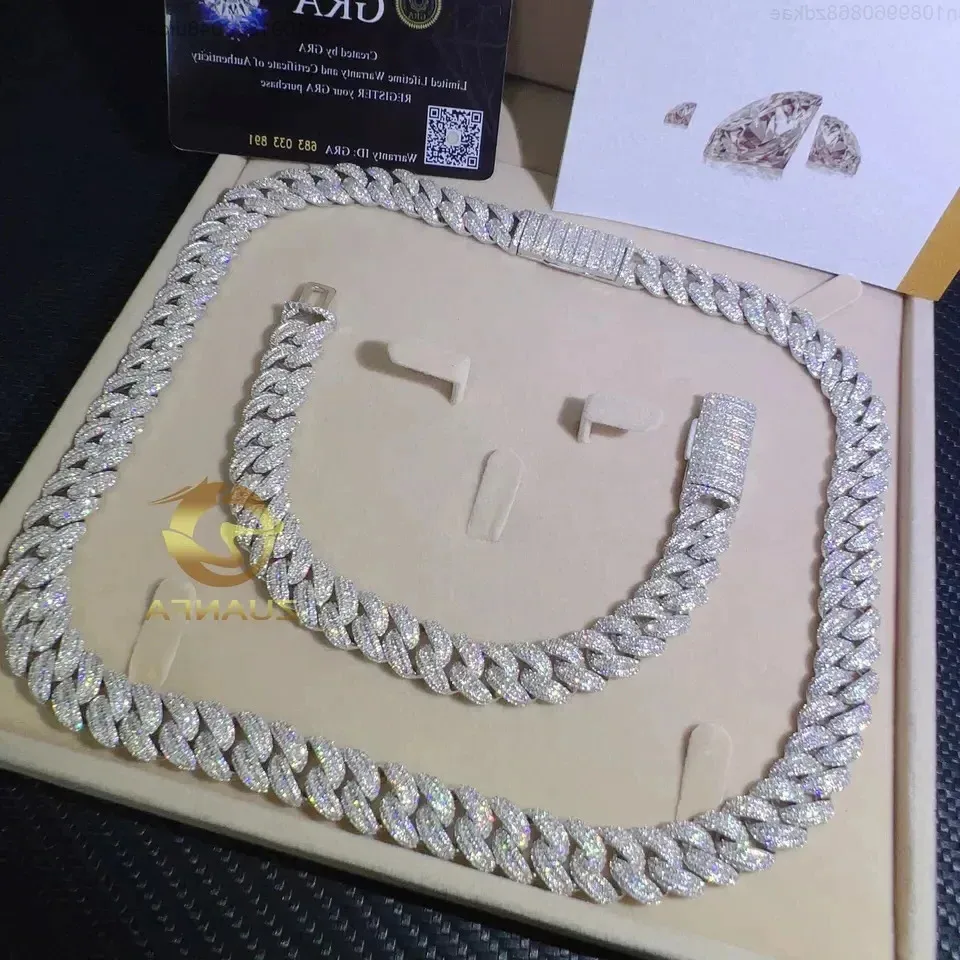 

Decent Design 13mm Width 925 Sterling Silver Iced Out Moissanite Hip Hop Iced Out Cuban Link Chain