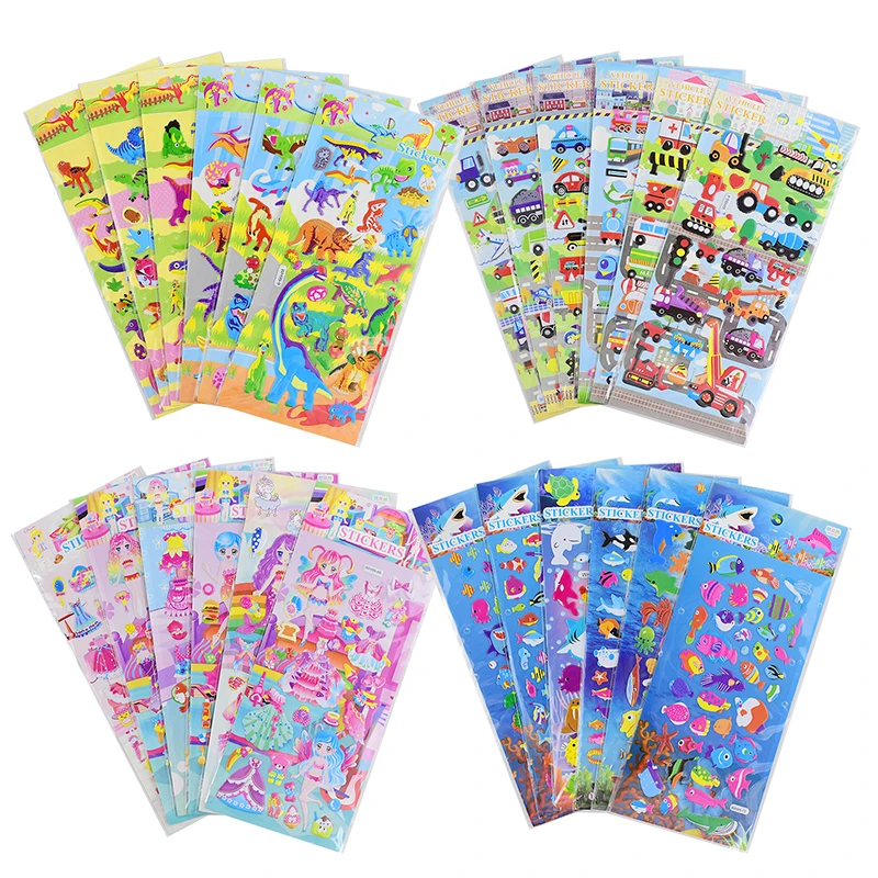 6 Sheets Cartoon Car Dinosaur Sticker 3D Puffy Engineering Vehicle Excavator Stickers For Girl Boy Scrapbooking Kids Gift Toys