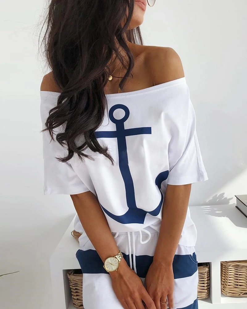 Plus Size Elegant Women's Skirt Set Boat Anchor Print Short Sleeve T-Shirt+ Strip Slim Fit Skirt Skirt Two Piece Set Tracksuit