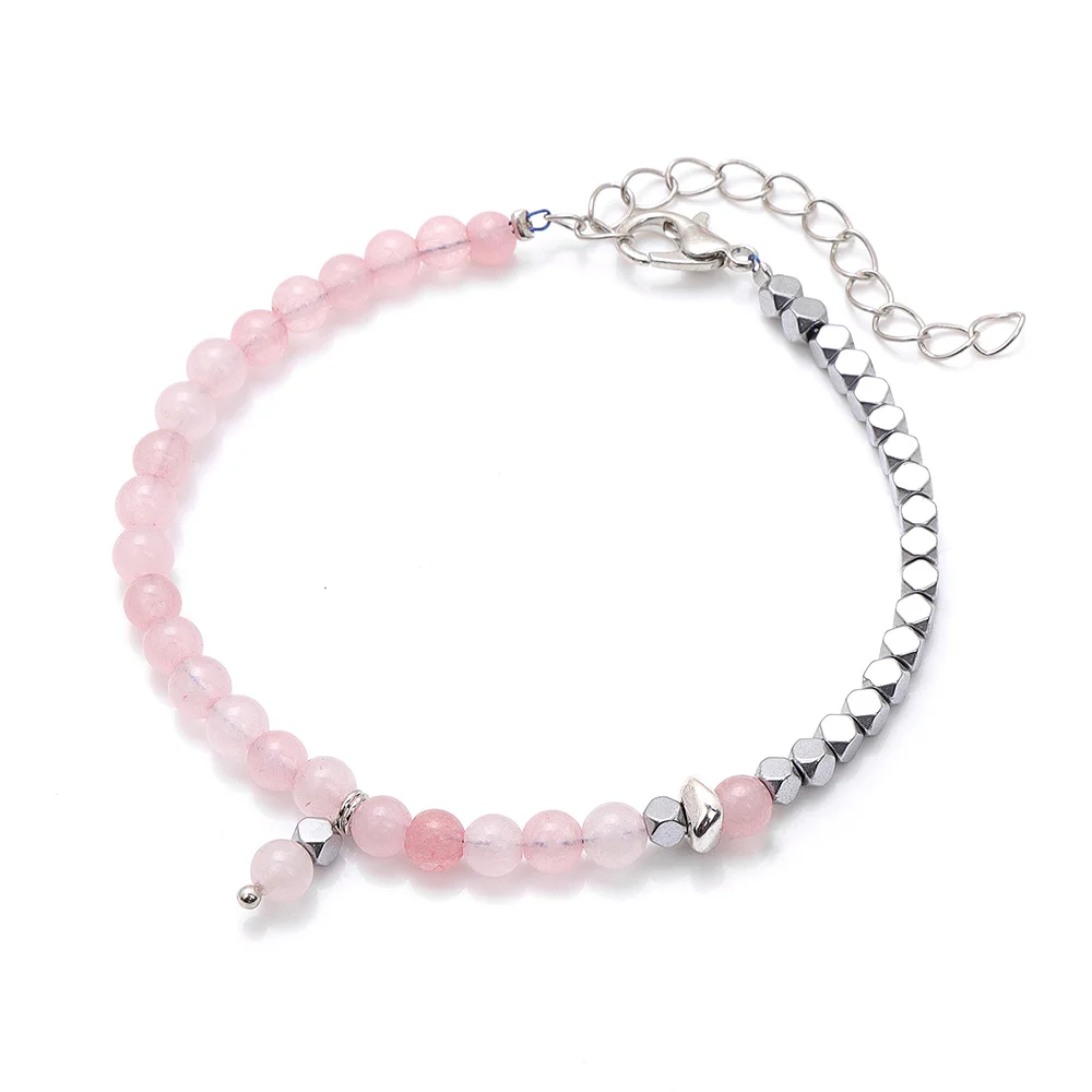 Rose Quartz Beads Bracelet Adjustable Silvery Color Square Hematite Link Chain 4mm Natural Stone Bracelets for Women Jewelry