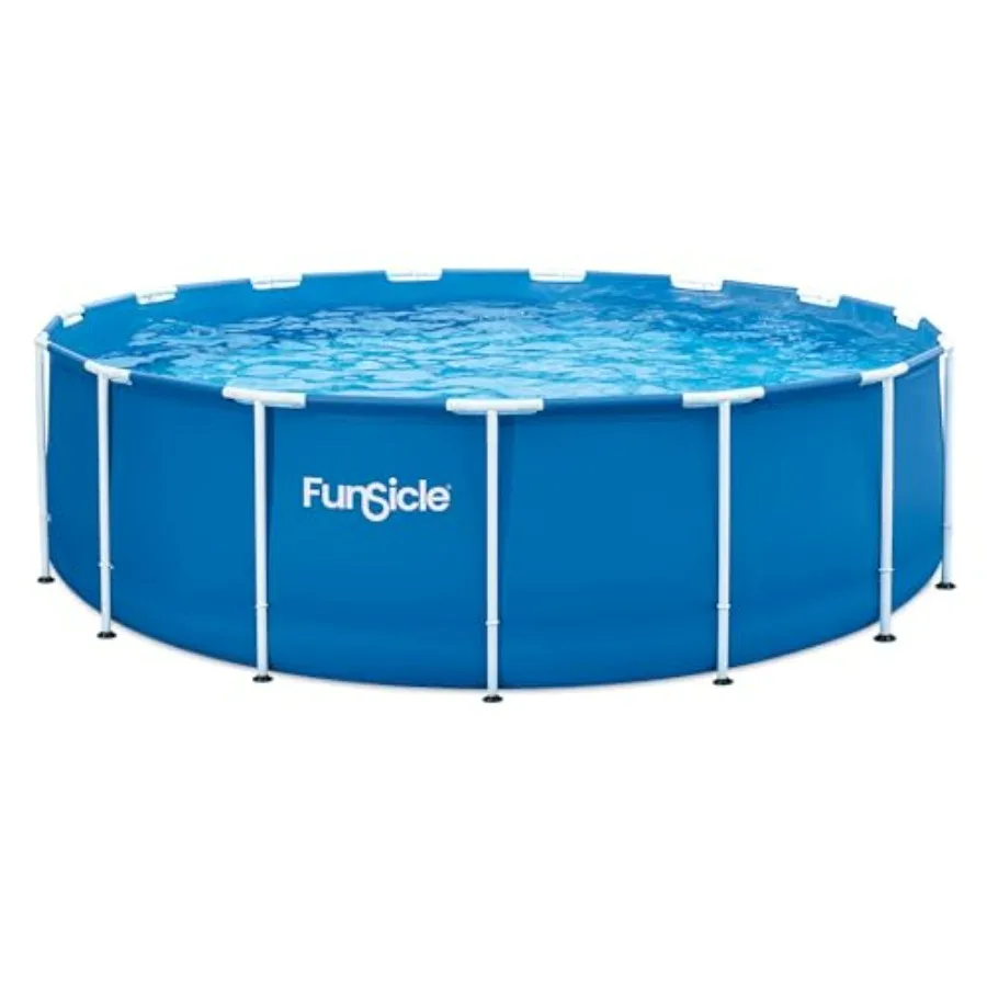 

Outdoor above ground swimming pool, 15' x 48 round, durable vinyl material, blue color, includes repair patch for long-lasting